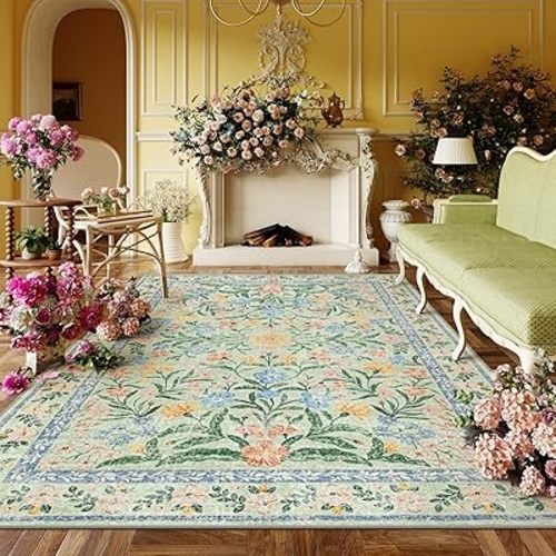 Lahome Washable 5x7 Area Rugs, Boho Pink Floral Living Room Rug Non Slip, Vintage Bedroom Indoor Rug Carpet Rug for Nursery Playroom Kitchen, Green/Multi