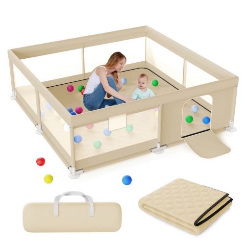 TEAYINGDE Baby Playpen Large Play Yard Fence With Mat for Toddlers, 50"x50" Khaki
