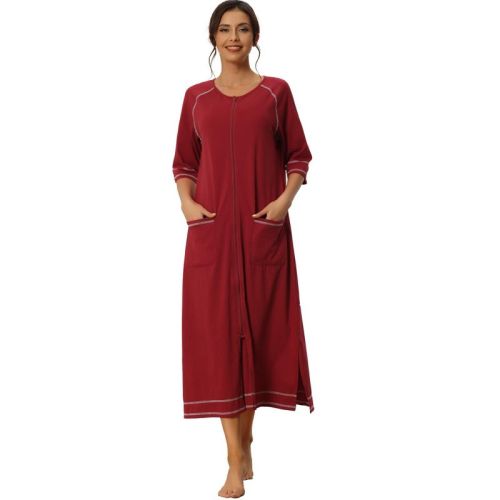Cheibear Women's Front Zipper With Pockets Maternity Long Sleep Robes