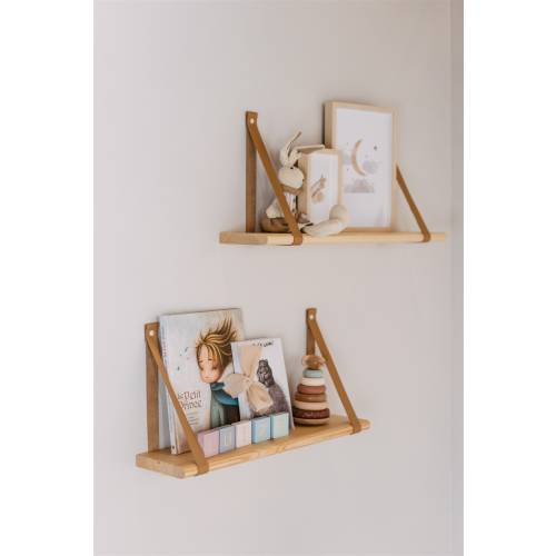 Nursery bookshelf, Hanging shelf, Floating wood shelves, Small nursery shelf, Floating leather strap shelf, Natural leather, Montessori