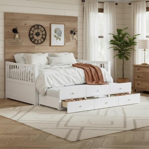 Polibi Full & Twin Daybed with Trundle and Storage Drawers, Full, White