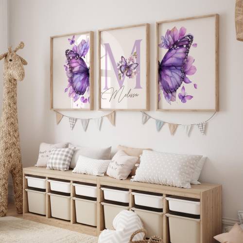 Purple Butterfly Nursery Wall Art Personalized Watercolor Nursery Wall Print Custom Girl Nursery Print Baby Girls Room Initial Print