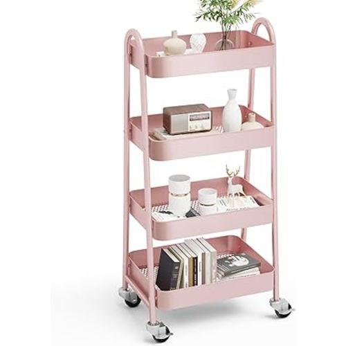 OLIXIS 4 Tier Utility Rolling Cart, Metal Mobile Storage Shelf with Lockable Caster Wheels, Organization for Livingroom, Bathroom & Narrow Places, 4-Tier Pink