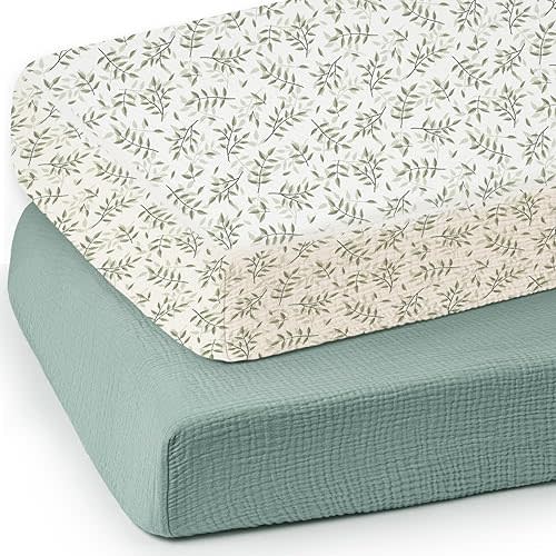 lulumoon Baby Muslin Crib Sheets: Soft & Breathable Fitted Crib Sheets for Boys - Green Leaf Sheets for Standard Crib 2Pack