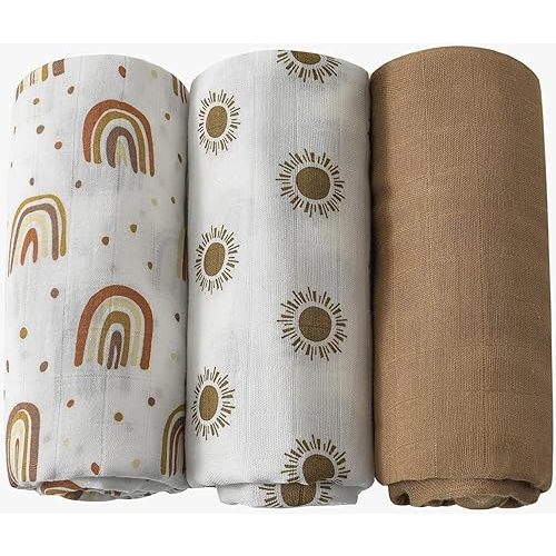 3 Pack Muslin Swaddle Blankets, Boho Rainbow Baby Muslin Blankets for Girls & Boys Unisex, Large 47 x 47 inches, Silky Soft, Lightweight, Breathable (Rainbow) (3 Pack Rainbow C)