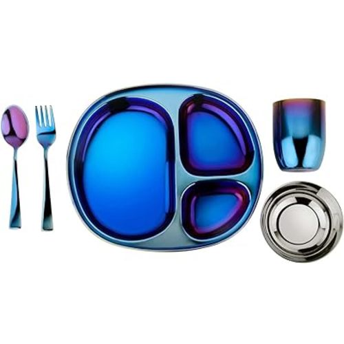Ahimsa Kids and Toddler Plate and Bowl Set | Pediatrician Designed - Mindful Mealtime 5 Piece Stainless Steel Dish Set | Includes Divided Plate, Utensils, Cup, Bowl | 100% BPA Free (Iridescent Blue)