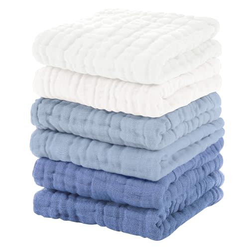 Unnivoll Muslin Baby Washcloths 6 Pack, 100% Cotton Wash Cloths for Babies, Large 12''X12'' Burp Cloths Absorbent and Soft for Newborn Infants Kids Boys Girls - Gradient Blue