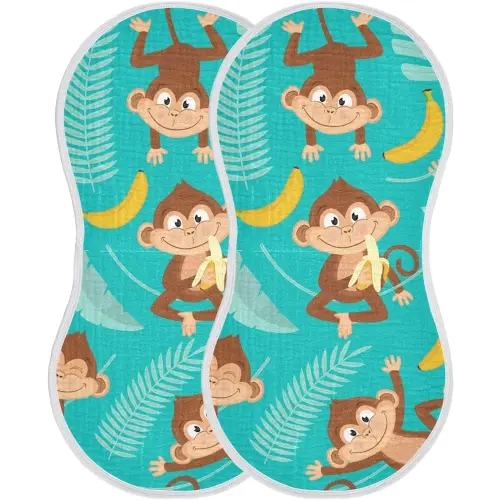 Monkey and Banana Muslin Baby Burp Cloths, Soft & Absorbent Cotton Burping Rags for Newborn Boys & Girls, 2 Pack
