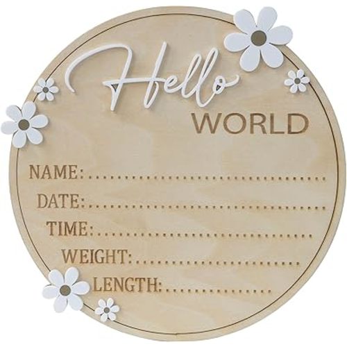 Hello World Wooden Birth Announcement Sign, 6.2 inch Round Nursery Photo Prop, Baby Name Weight Length Date Time Plaque (BB122)