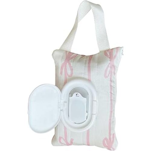 AGLOO Bow Baby Wipes Dispenser - Portable Wet Tissue Storage Bag for Travel, Refillable Diaper Wipe Holder for Car and Stroller – Reusable Hanging Wet Wipe Pouch (Pink-White)
