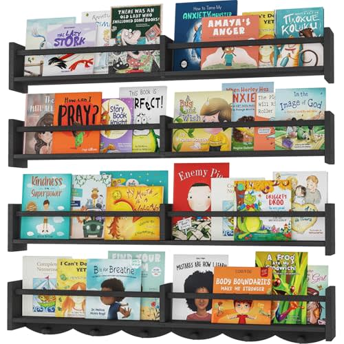 34Inch Nursery Bookshelves,Set of 4,Wall Floating Shelf Kids Coat Rack with 6Hooks,Hanging Book Shelf for Baby Nursery Room Décor ，Patent Number: 29958098(Black, 34)