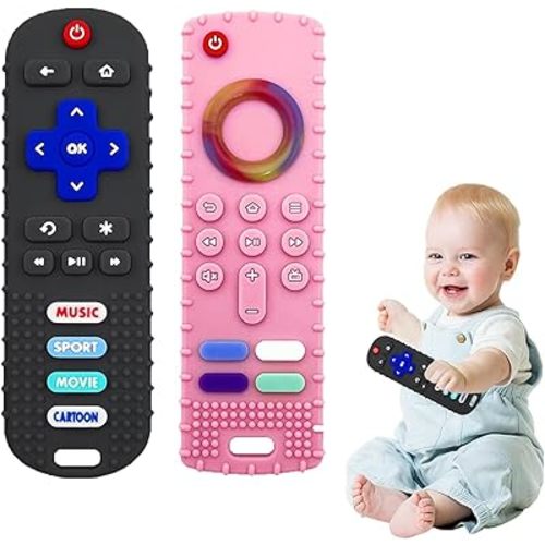 2-Pack Baby Teething Toys-TV Remote Control Shape Silicone Infants Teething Toys for Babies 0-18 Months,BPA-Free (Black+Pink)