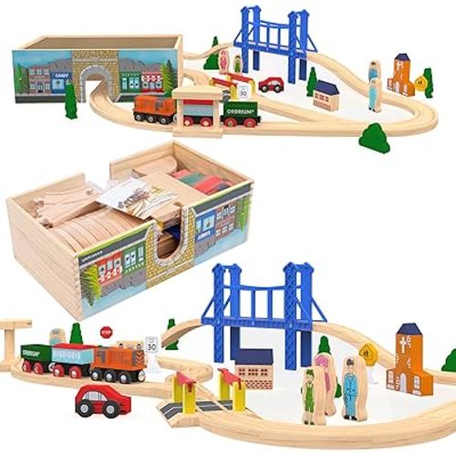 ORBRIUM 52 Pcs Deluxe Wooden Train Set with Wooden Storage Box Tunnel Compatible with Thomas, Brio, Melissa (Wooden Box - 52 Pcs Train Set)
