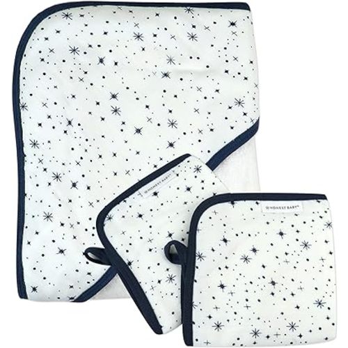 HonestBaby Unisex Baby 3-Piece Organic Cotton Hooded Towel & Washcloth Set, Twinkle Star White/Navy, One Size