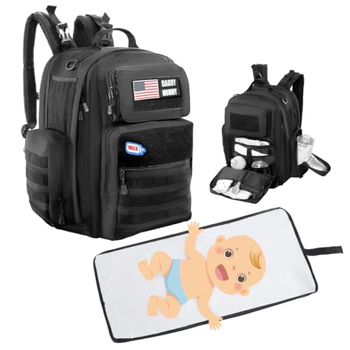 MABOZOO Diaper Bag Backpack for Dad, Black Military Diaper Bag Backpack with Waterproof Changing Pad,Large Mens Baby Bag,Unisex Molle Style Baby Backpack Bag