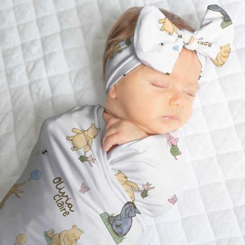 Classic Winnie The Pooh Personalized Baby Name Blanket,Classic Pooh Nursery,Custom Baby Swaddle Headband Set,Custom Blanket Baby Shower Gift