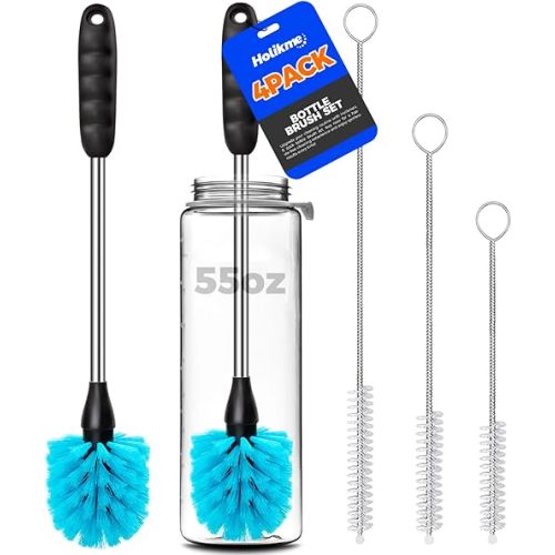 Holikme Bottle Brush Cleaner Set, 14" Long Handle Stainless Steel Bottle Cleaner Brush, 3 Straw Cleaner Brush, Bottle Cleaning Brush for Water Bottle, Cups, Baby Bottle, Straws Blue