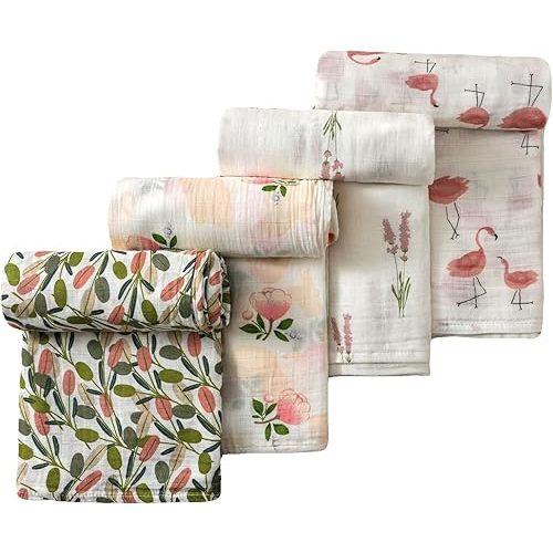 4-Pack Muslin Swaddle Blankets for Baby Girls - Silky Soft and Breathable Baby Blankets for Girl, Large Receiving Blankets (4 Pack -Peach Floral)