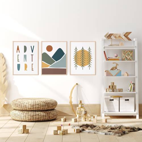 Adventure Kids Room Prints Set of 3 | Adventure Nursery Wall Art | Mountain Scene Art | Neutral Kids Room Art | Neutral Nursery Decor