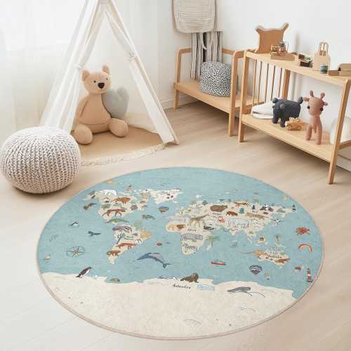 World Map Interactive Kids Round Rug, Animal Themed Play Mat, Educational Nursery Rug, Soft Kids Room Decor, Adventure Play Rug