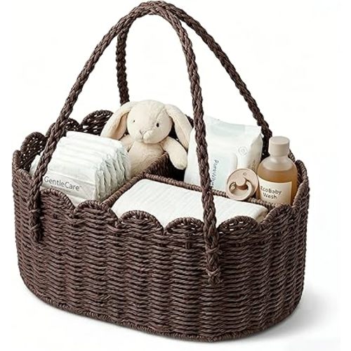 Diaper Caddy Organizer, Paper Rope Storage Baskets Nursery Bin with Removable Divider, Portable Car Organizer for Diapers, Baby Shower Gifts, Newborn Essentials Must Haves (Dark Brown)
