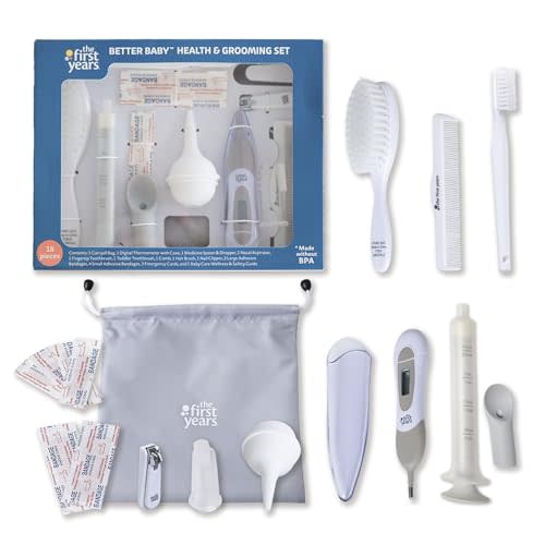 The First Years Better Baby Healthcare and Grooming Kit - Baby Care Products Including Baby Nail Clippers, Baby Brush, Infant Thermometer and More with Travel Tote - Diaper Bag Essentials - 18 Pieces