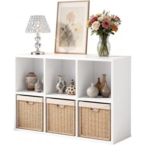 Wooden 6 Cube Storage Organizer with Closed Back Panel,White Cube Shelf Cubby Storage Organizers with Compartments for Living(White, 6 Cube-13in)