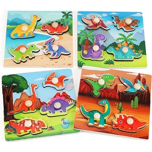 Wooden Peg Puzzles for Toddlers 1-3, Kids Educational Preschool Peg Puzzle Toy Ages 2-4, Set of 4 Dinosaur Toddler Puzzles, Ideal Gift for Ages 1 2 3 4 Boys and Girls
