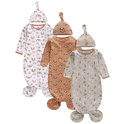 Newborn Knotted Nightgown Long Sleeve with Matching Hat Set 3 Pack, Baby Sleeper Gowns Unisex Home Outfits Set with Mitten Cuffs for Boys Girls 0-3 Months