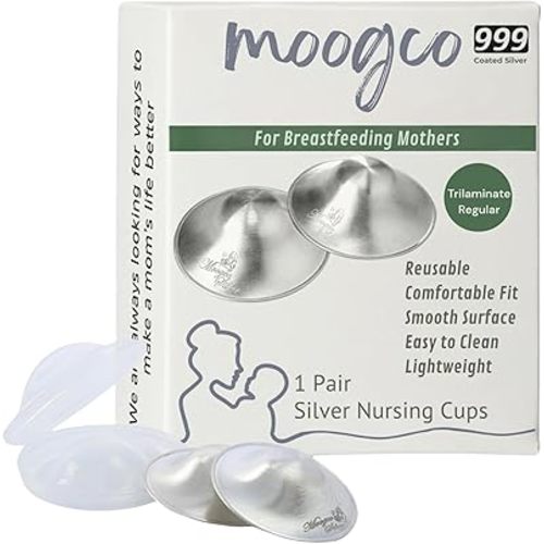 MOOGCO The Original Silver Nursing Cups - Nipple Shields for Breastfeeding Newborn - Breastfeeding Essentials - 999k Tri-Laminate Silver Nipple Covers (Regular Size, Set of 2)