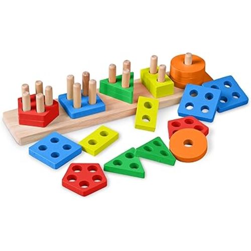 Montessori Toys for 1+ Year Old - Sorting and Stacking Educational Wooden Shape Sorter Toy - Preschool Learning Toys for Toddlers 1-3 -Year-Old - First Birthday Gifts for Boys and Girls