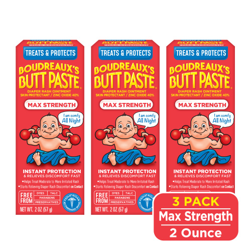 Boudreaux's Butt Paste Max Strength, Baby Diaper Rash Cream, Ointment, 2 oz Tube, 3 Pack