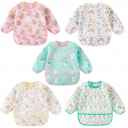 HaimoBurg 5 Pcs Mess Proof Baby Bib, Waterproof Sleeved Bib Outfit, Baby Smock for Eating for 5-30 Months