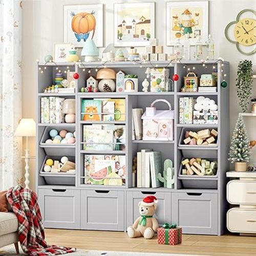 FINETONES 55.1’’ W Toy Storage with Sliding Bookshelf, Large Toy Organizer Kids Bookshelf with 4 Movable Drawers and 4 Bins, Toy Bins for Kids Organizer Playroom Storage for Kid Room, Grey