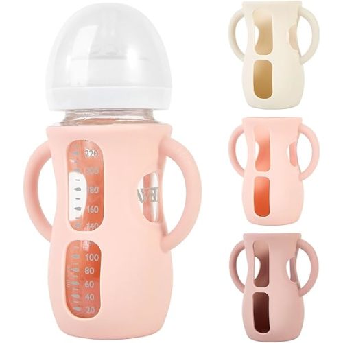 3 Pack Silicone Sleeves for Philips Avent Natural Glass Baby Bottles, Anti Breakage Bottle Holder with Handle for Baby Girls, Compatible with Philips Avent Glass Natural Baby Bottle, 8oz