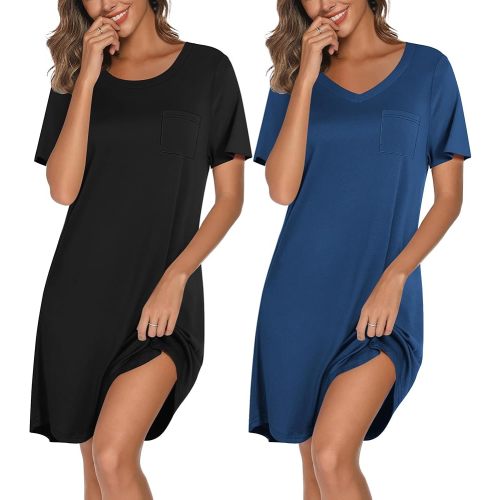 Ekouaer 2 Pack Nightgowns for Women Bamboo Viscose Sleep Shirts Short Sleeve Nightshirt V neck Sleepdress Soft Sleepwear