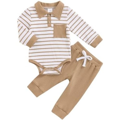 Newborn Baby Boy Clothes Ribbed Long Sleeve Striped Romper + Solid Color Long Pants Sets 2Pcs Fall Winter Outfits