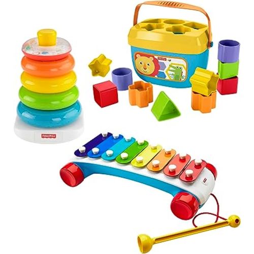 Fisher Price Classic Infant Trio Gift Set of Three Baby Toys for Stacking Sorting and Musical Play