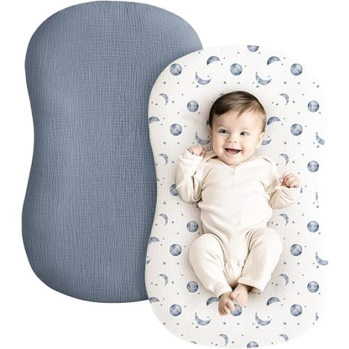 Konssy Muslin Baby Lounger Cover 2 Pack, 100% Cotton Newborn Lounger Cover, Soft and Breathable Lounger Cover for Boys Girls, Covers Only (Planet,Navy)