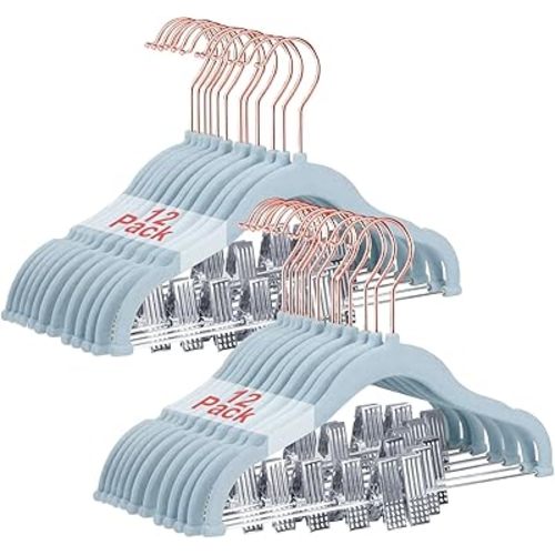 Baby Hangers with Clips, 24 Packs Kids Velvet Clothes Hangers, Heavy-Duty Childrens Pant Hangers for Shirts, Pants, Skirts, Dresses, Jackets, Coat Blue - Rose Gold Hook