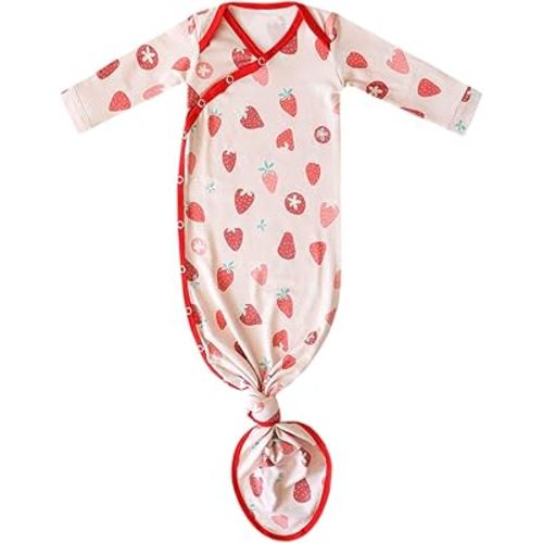 Copper Pearl Baby Gown - Knotted Newborn Sleepers for Baby Boy and Girl, Soft Stretchy Long Sleeve Infant Gowns with Bottom Tie and Hand Mittens, Perfect Hospital Coming Home Outfit (Strawberry)