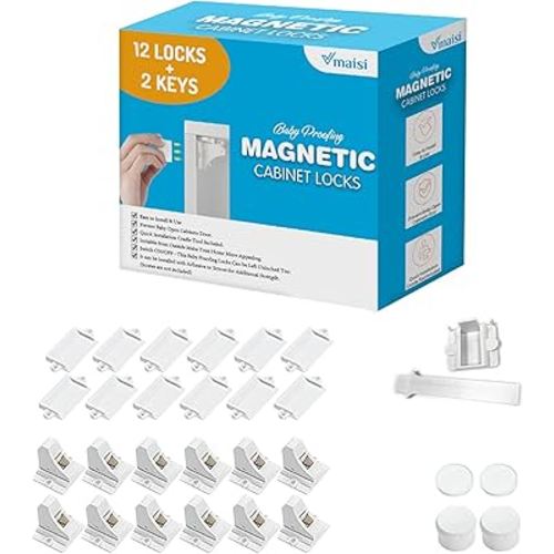 Vmaisi Adhesive Magnetic Cabinet Locks (12 Locks and 2 Keys)