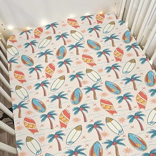 Retro Boho Surfing Baby Crib Sheets for Boy Girl 52x28Inch Summer Surfboards Coconut Palm Trees Sun Soft Snug Fitted Crib Mattress Cover Beach Life Baby Sheet for Standard Crib & Toddler Bed Mattress