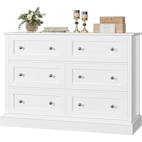 Modern 6 Drawer White Dresser, Wide Chest of Drawers with Deep Drawers & Mental Double Handles, Nursery Dresser for Living Room, Hallway