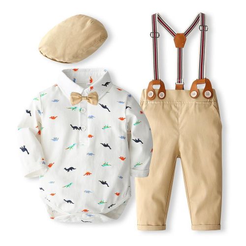 ETHAN Baby Boy Dress Suit Clothes Sets Infant Tuxedo Gentleman Suits Outfits Bowtie Shirt Suspenders Pants Beret Hat 0-24M