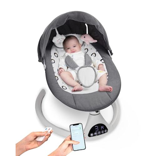 Electric Baby Swing for Infants to Toddler Portable Babies Swing Timing Function 5 Swing Speeds Bluetooth Touch Screen Music Speaker with 10 Preset Lullabies 5-Point Carabiner Grey