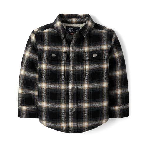 The Children's Place,Baby Boys,and Toddler Cozy Sherpa Lined Shacket,Black Plaid,12 Months,18 Months