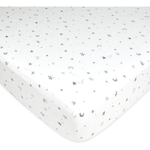 American Baby Company Fitted Crib Sheet 28" x 52", Soft Breathable Neutral 100% Cotton Jersey Sheet, Gray Stars and Moons, for Boys and Girls, Fits Crib and Toddler Bed mattresses