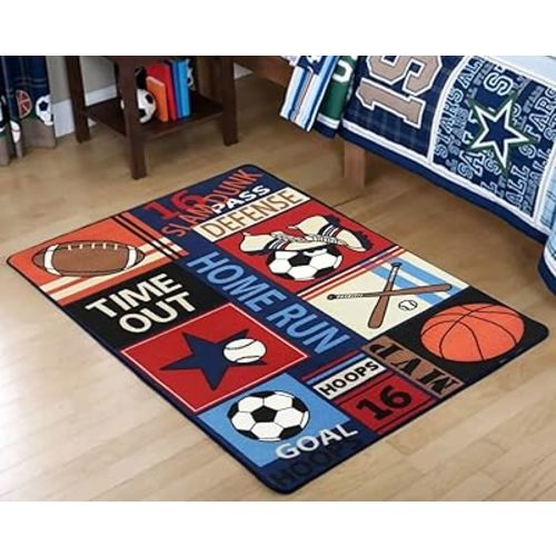Fun Sport Kids Rugs Nylon Carpet Soccer Baseball Football Basketball with Multi-Color for Boy Girl Playroom 39''x51''
