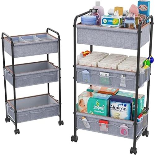 3-Tier Baby Diaper Caddy Cart Organizer with 2 Dividers & 14 Mesh Pockets - Black Mobile Nursery Storage Cart with Wheels, Durable Metal Utility Cart for Nursery, Bedroom, Baby Essentials Organization